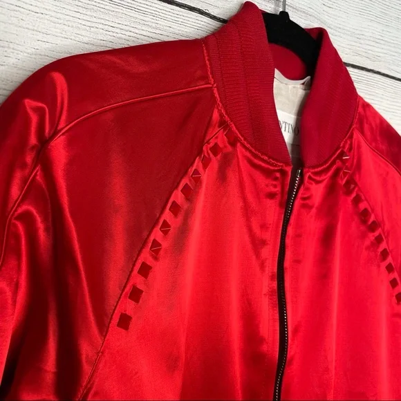 Valentino Red Rockstud Bomber Jacket Satin Studded